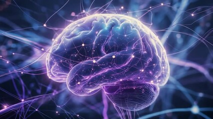 Starting 3D brain rotating in network with cerebellum gridlines, pulsing filaments showing synapses - Powered by Adobe