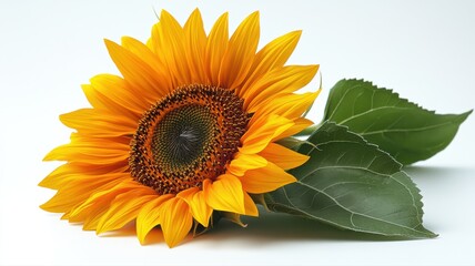 Bright Yellow Sunflower with Green Leaf on White Background sunflower yellow bright flower bloom sun