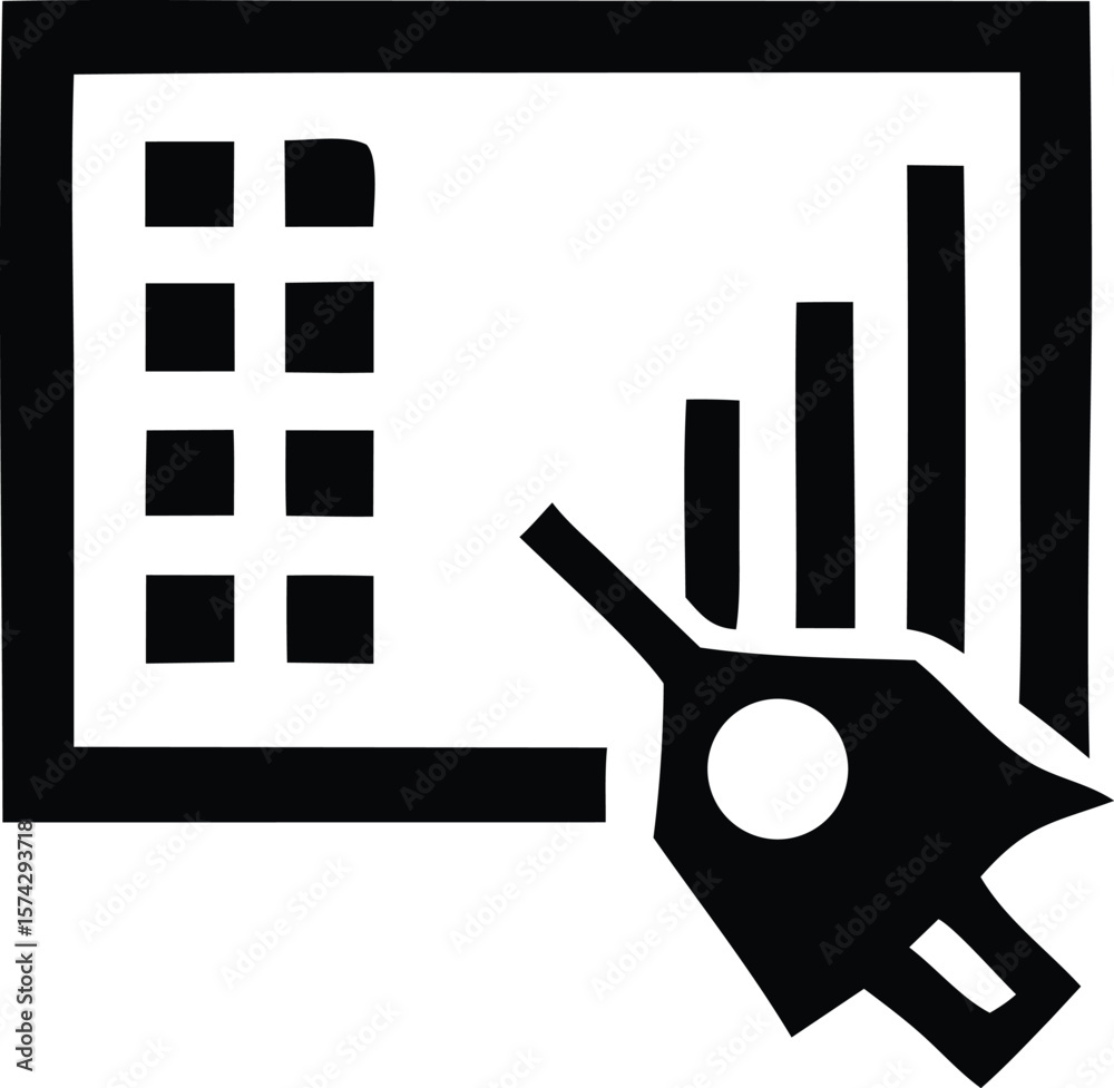 Poster stylized black and white icon representing a digital spreadsheet with a bar graph and a cursor point