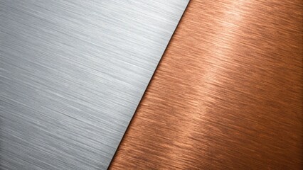 The brushed metal background features a diagonal split between silver and copper textures