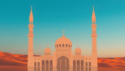 A bright mosque captured with clear blue sky and golden domes