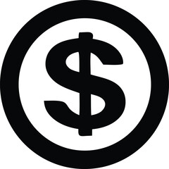 A bold black dollar sign is centrally positioned within a thick black circle on a clean white background representing finance