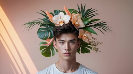 Receiving diagonal beam Asian man opening eyelids holding gaze in studio with tropical headdress - Powered by Adobe