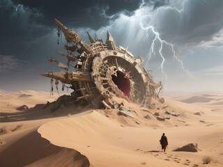A lone traveler approaches a colossal, ancient, wrecked machine partially buried in desert sands under a stormy sky split by lightning.