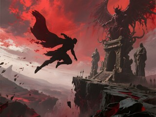 A lone warrior leaps toward a demonic throne under a blood-red sky, confronting a towering infernal overlord.