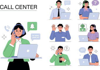 Illustration of call center operators with headsets and laptops providing customer support services


