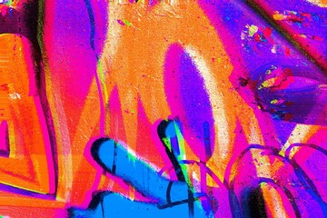 Vibrant graffiti with neon orange, purple, blue. 90s, acid style, bold colors, textured street art....