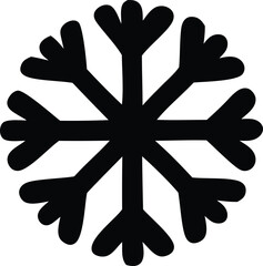 A simple black silhouette of a snowflake with eight symmetrical arms each ending in three rounded lobes set against a white background