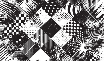 Abstract black and white artwork featuring dynamic geometric patterns, textures, and lines creating a visually striking composition in a modern artistic style