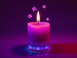 Purple Candlelight Magic: Illuminated Scene with Floating Crystals