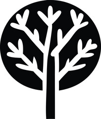 Stylized black and white silhouette of a bare tree with rounded branches inside a dark circle