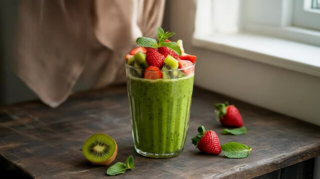 Vibrant green smoothie topped with fresh fruit displayed in a glass perfect for a healthy lifestyle image