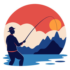 Fisherman Casting Rod at Sunset on Lake