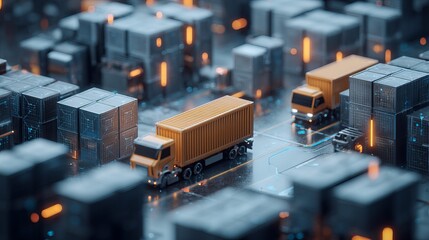 Futuristic logistics scene featuring trucks and container blocks illuminated with glowing orange highlights for digital supply chain themes