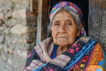 Fototapeta premium Portrait of a serene elderly indigenous woman wearing a vibrant headscarf and traditional woven clothing