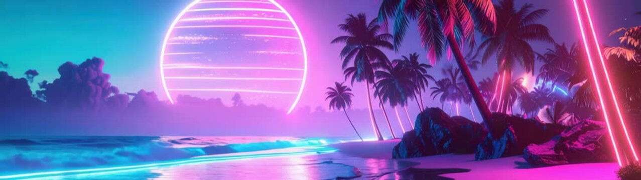 Glowing synthwave planet rising over a tropical beach with palm trees, neon lights.
