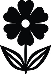 Simple black silhouette of a stylized flower with six heart shaped petals and two leaves