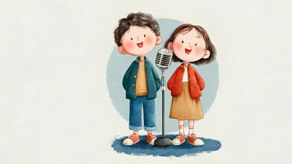 Cute Cartoon Kids Singing with Vintage Microphone