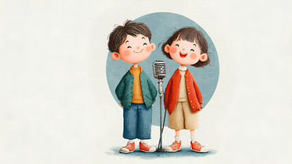Cute Cartoon Kids Singing with Vintage Microphone
