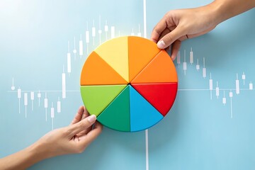 Colorful pie chart segments being assembled by hands over financial graph image