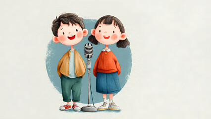 Cute Cartoon Kids Singing with Vintage Microphone