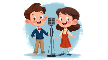 Adorable Cartoon Kids Singing into Vintage Microphone