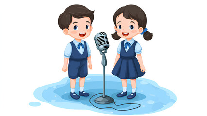 Adorable Cartoon Kids Singing into Vintage Microphone