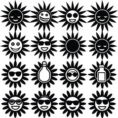 Collection of diverse cartoon sun icons featuring various facial expressions and accessories like sunglasses and a milk bottle
