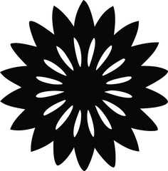 A striking black stylized flower or starburst design with radiating petals and a central void creating a symmetrical pattern against a white background