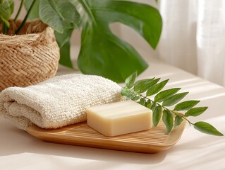 Eco soap bar on bamboo tray near white towel and leafy plant decor
