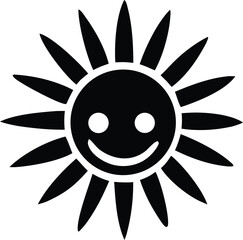 A simple black and white graphic illustration of a smiling sun with pointed rays radiating outwards against a white background