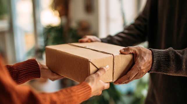 Detailed close-up of an Indian couple receiving a package or gift from a delivery worker at home, representing online shopping and gifting trends