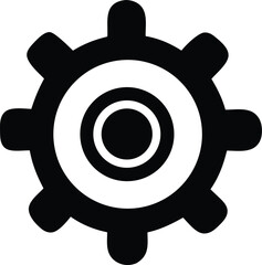 A black and white graphic representation of a gear with a concentric circle design in the center symbolizing mechanics and industry