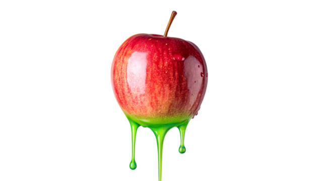 Red apple with green slime dripping halloween treat on transparent background