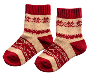  Pair of Red and Tan Knitted Socks, Isolated on Transparent Background PNG