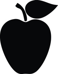 A simple bold black silhouette of a ripe apple with a stem and a single leaf against a clean white background