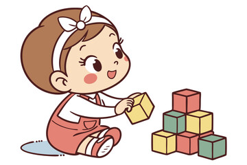 Vector cute Baby Girl cartoon character sitting and playing with colorful building blocks isolated on white background