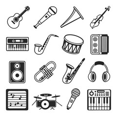 Obraz premium Acoustic guitar microphone trumpet violin keyboard saxophone drum accordion speaker trombone sheet music drum kit