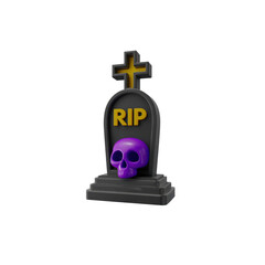A black headstone features a cross on top, with the letters 'RIP' written in yellow. Below that is a cartoonish, purple skull