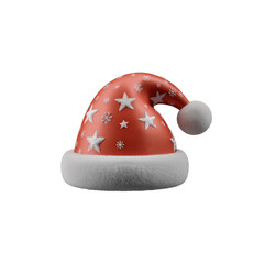 Santa Claus hat in festive red color, decorated with stars and snowflakes, new year