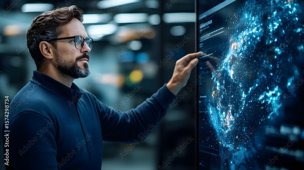 Poster a man in a disaster management headquarters interacts with an advanced interactive wall screen displ