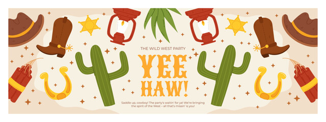 Wild West Party Banner with Cowboy Elements Including Cactus, Hats, Boots, Horseshoes, Lanterns, and Dynamite in a Fun Flat Style