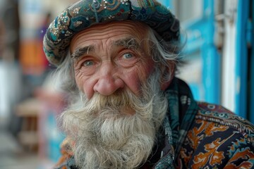 Close up of a cheerful elderly man showcasing traditional uzbek attire and a long white beard