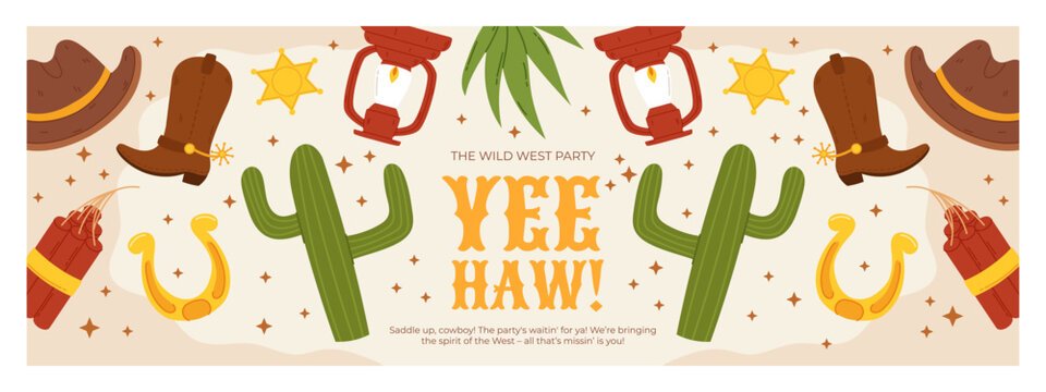 Wild West Party Banner with Cowboy Elements Including Cactus, Hats, Boots, Horseshoes, Lanterns, and Dynamite in a Fun Flat Style