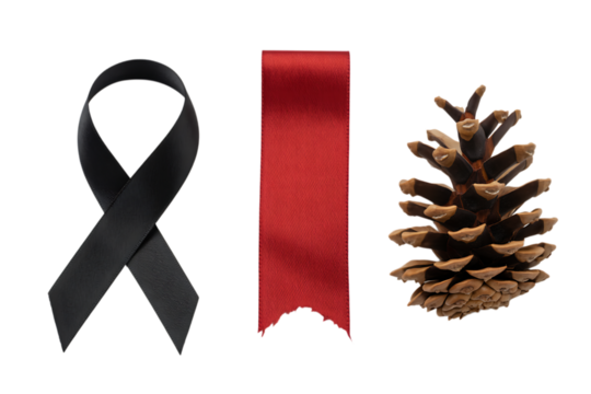 Black ribbon red ribbon pinecone isolated on transparent background