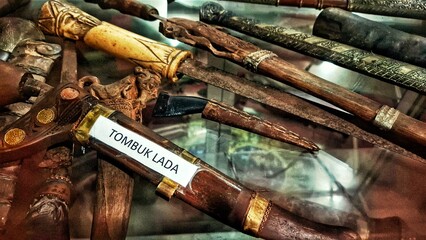 cultural heritage of carved sculptures and wood typical of the Toba Batak tribe with traditional...