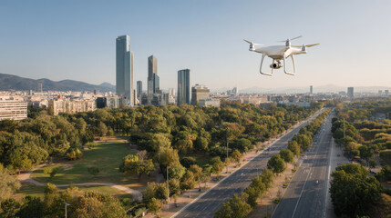 Fototapeta premium aerial drones and robots symbolize modern urban life reflecting their integration into city environments