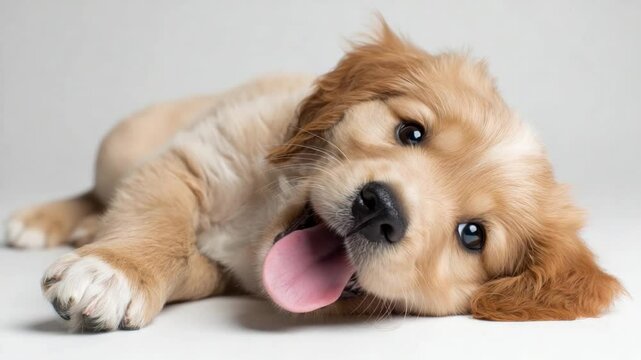 Golden Retriever Puppy Bliss: A playful golden retriever puppy lies on its side, tongue lolling out, radiating pure joy and irresistible cuteness.