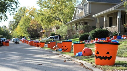 Suburban street Halloween candy buckets, autumn