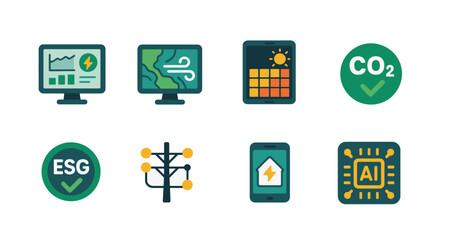 Smart grid and energy data flat icons. Wind forecast map, solar insolation heatmap, carbon credit symbol, ESG compliance badge, smart grid connection, home energy monitor app, AI energy analytics